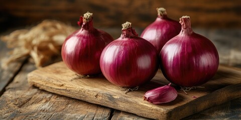 Red Onions on Wooden Cutting Board