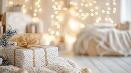 a white gift box with a gold ribbon sits on a white surface. the background is a blurry image of lig