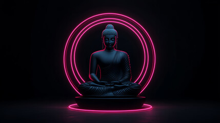 Wall Mural - A serene Buddha statue illuminated with vibrant neon lights, creating a tranquil atmosphere against a dark background.