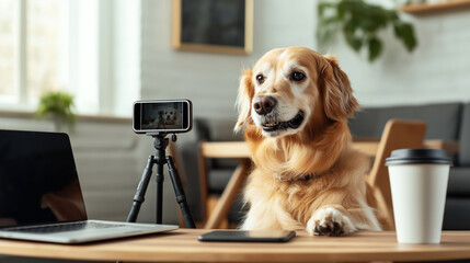 Poster - Golden retriever sitting at a table with a laptop, smartphone, coffee cup, and smartphone mounted on a tripod, looking at the camera in a modern living room.