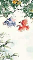 Wall Mural - Watercolor Painting of Birds in Flight with Floral Elements