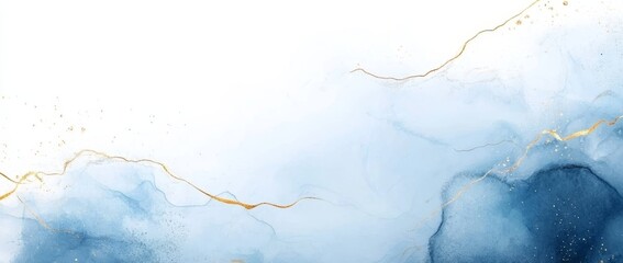 Abstract blue watercolor background with golden lines, white space for text and design