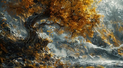 Wall Mural - Golden Leaves and Waterfall in a Magical Forest Landscape