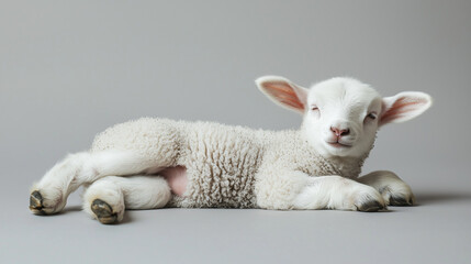 A lamb lying on its back isolated on a simple background