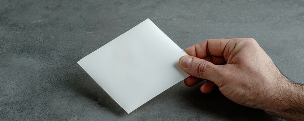 A person holds a blank white card, perfect for customization or personal messages, on a textured gray surface.