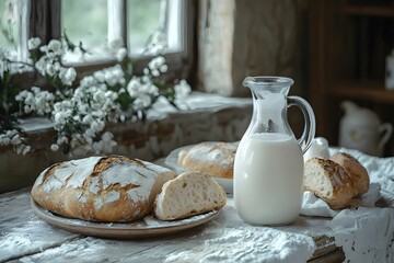 Freshly baked bread and milk on a rustic wooden table