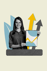 Poster - Vertical photo collage of happy businesswoman hold clipboard arrow statistics development success growth isolated on painted background