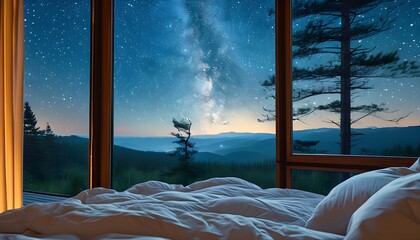 Wall Mural - Serene Bedroom Retreat with Breathtaking Starry Night Sky View Through Generous Window