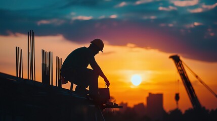 Silhouette of construction workers working at the site with a blurred background of sky and sunset