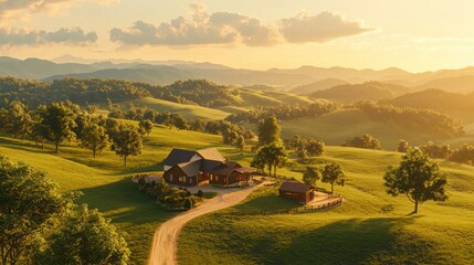 Wall Mural - Rustic Cabin in Rolling Hills at Sunset