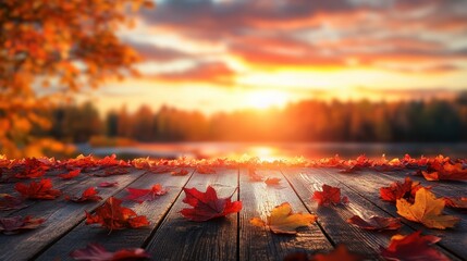 Poster - Vibrant Autumn Sunset over a Tranquil Lake in the Forest