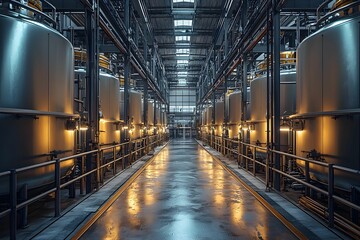 Wall Mural - Industrial storage tanks illuminated in a large manufacturing facility