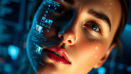 double exposure of a woman's face, with digital code integrated in front of her face