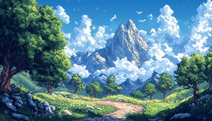 An illustration of a beautiful pixel art landscape