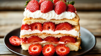 Wall Mural - Close-up of a delicious strawberry shortcake layered with fresh strawberries, whipped cream, and sponge cake, displayed on a black plate.