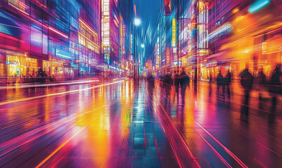 Futuristic city street, digital data overlay, neon lights, vibrant reflections on glass surfaces