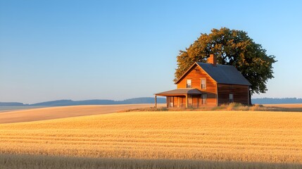 A rustic farmhouse nestled in golden wheat fields, surrounded by nature's tranquility, with a bright blue sky overhead and warm sunlight bathing the scene