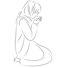 Sticker - One continuous single drawing line art flat doodle character, islamic, pray, beautiful, female. Isolated image hand draw contour on a white background
