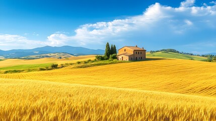 A rustic farmhouse nestled in golden wheat fields, surrounded by nature's tranquility, with a bright blue sky overhead and warm sunlight bathing the scene