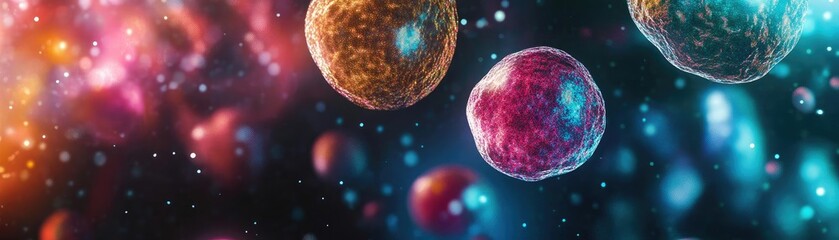 Wall Mural - vibrant illustration of colorful cells against a cosmic background, showcasing the beauty of microsc