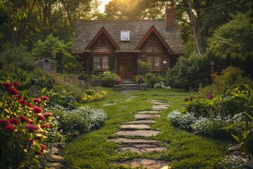 Charming cottage surrounded by vibrant flowers and a lush garden path, illuminated by soft sunset light.