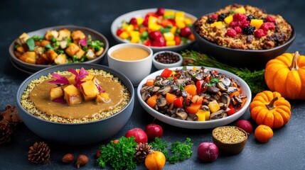 A Thanksgiving feast featuring alternative recipes for plantbased dishes, like a vegan roast with mushroom gravy, quinoa stuffing, and dairyfree pumpkin cheesecake