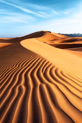 Sticker - Scenic view of expansive sand dunes under a clear blue sky. The sand dunes feature intricate ripples and curves, illuminated by sunlight, creating striking patterns.