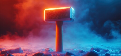 Wall Mural - A glowing hammer stands on a misty surface, illuminated by vibrant red and blue lights.