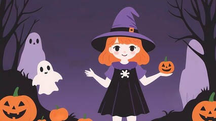 Halloween illustration, cute little girl in witch costume with pumpkin and boo ghost on dark purple gradient background