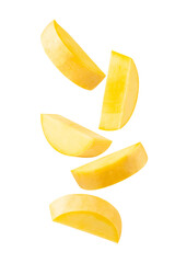 Wall Mural - Falling Yellow Mango slices, cutout, full depth of field.