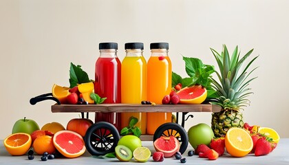 Wall Mural - Chic juice bar cart adorned with vibrant fruits, refreshing juice bottles, and lively plants against a minimalist light backdrop