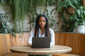 A woman is sitting at a table with a laptop in front of her. She is wearing a white shirt and has her hair in a ponytail. The scene is set in a room with plants and a potted plant in the background