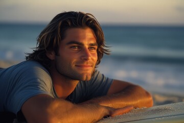 Wall Mural - A man with long hair is laying on a surfboard on a beach. He is smiling and looking out at the ocean