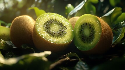 Fresh kiwi fruit on a bed of leaves, with one cut open to reveal the juicy green flesh.