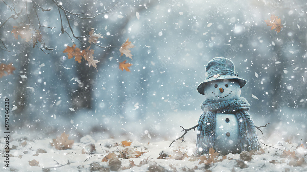 November Cold art background, autumn snowman postcard, illustration white snow ...