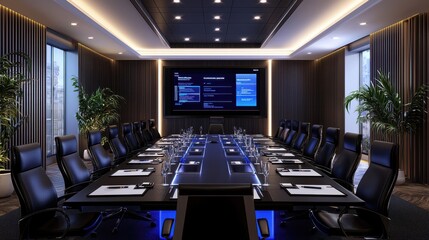 Modern Boardroom Interior Design with Black Leather Chairs  Glass Table  and Large Screen