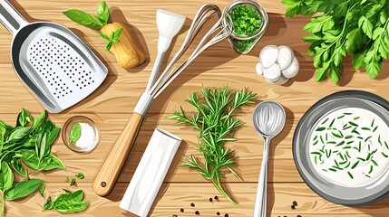 A flat lay of kitchen utensils, spices, and herbs on a wooden table.