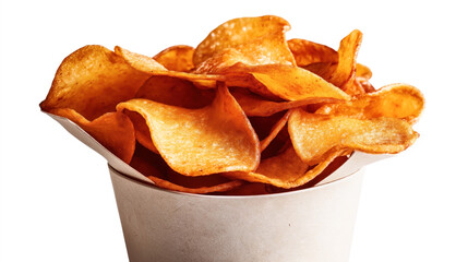 Canvas Print - Close-up of a cardboard container filled with crispy potato chips on a white background.