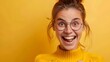 © alsyed - Close up portrait of a happy young woman in eyeglasses on yellow background c- Generated AI