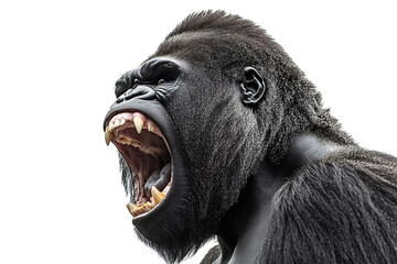 a close-up of a roaring gorilla showcasing its fierce expression and powerful features.