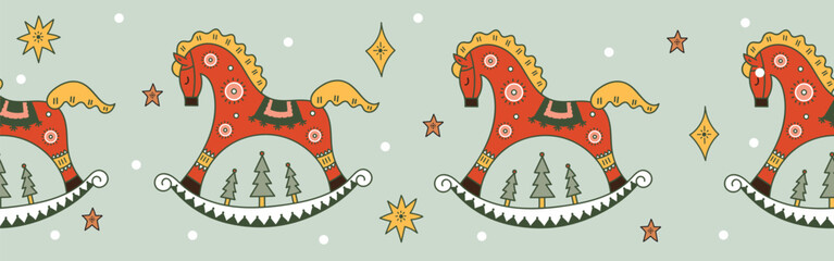 Cute wooden rocking horse. Seamless border. Hand drawn vector illustration. Christmas and New Year cards, wrapping paper, boxes, textiles, fabric, covers, large banners, wallpaper.