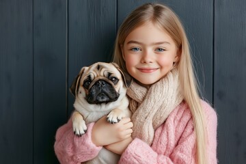 girl holding pet pug dog, wrinkled face, pedigree breed. purebred puppy canine, adorable animal.