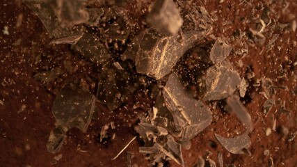 Poster - Super Slow Motion of Falling Group of chocolate pieces. Falling Down into Cocoa Powder. Filmed on High Speed Cinema Camera, 1000fps.