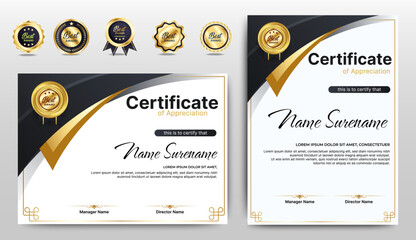 Wall Mural - black and gold certificate of appreciation border template with luxury badge and modern line and sha