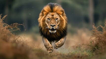 a male lion charges through the undergrowth, ready to attack.