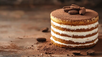 Wall Mural - Close-up of a delicious tiramisu cake on a wooden surface.