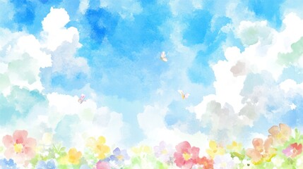 Wall Mural - This whimsical watercolor scene captures the essence of spring with lush green hills, a clear blue sky, and butterflies fluttering around blossoming flowers.