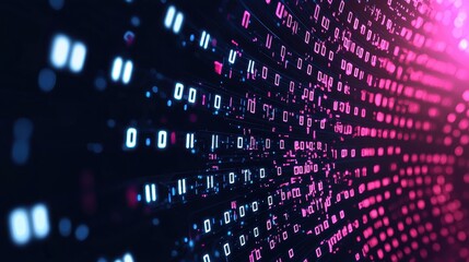 abstract binary code background with neon lights