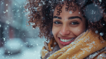 Wall Mural - Joyful positive woman wearing winter season look clothes having fun outdoor on Christmas city street on abstract bokeh light and snowflake background