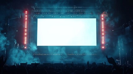 a white empty mockup billboard displays a banner with a white background. a projector screen shows a